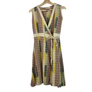 Utzpin Women's Size M Cream Yellow Green Boho Wrap Dress Made in Guatemala